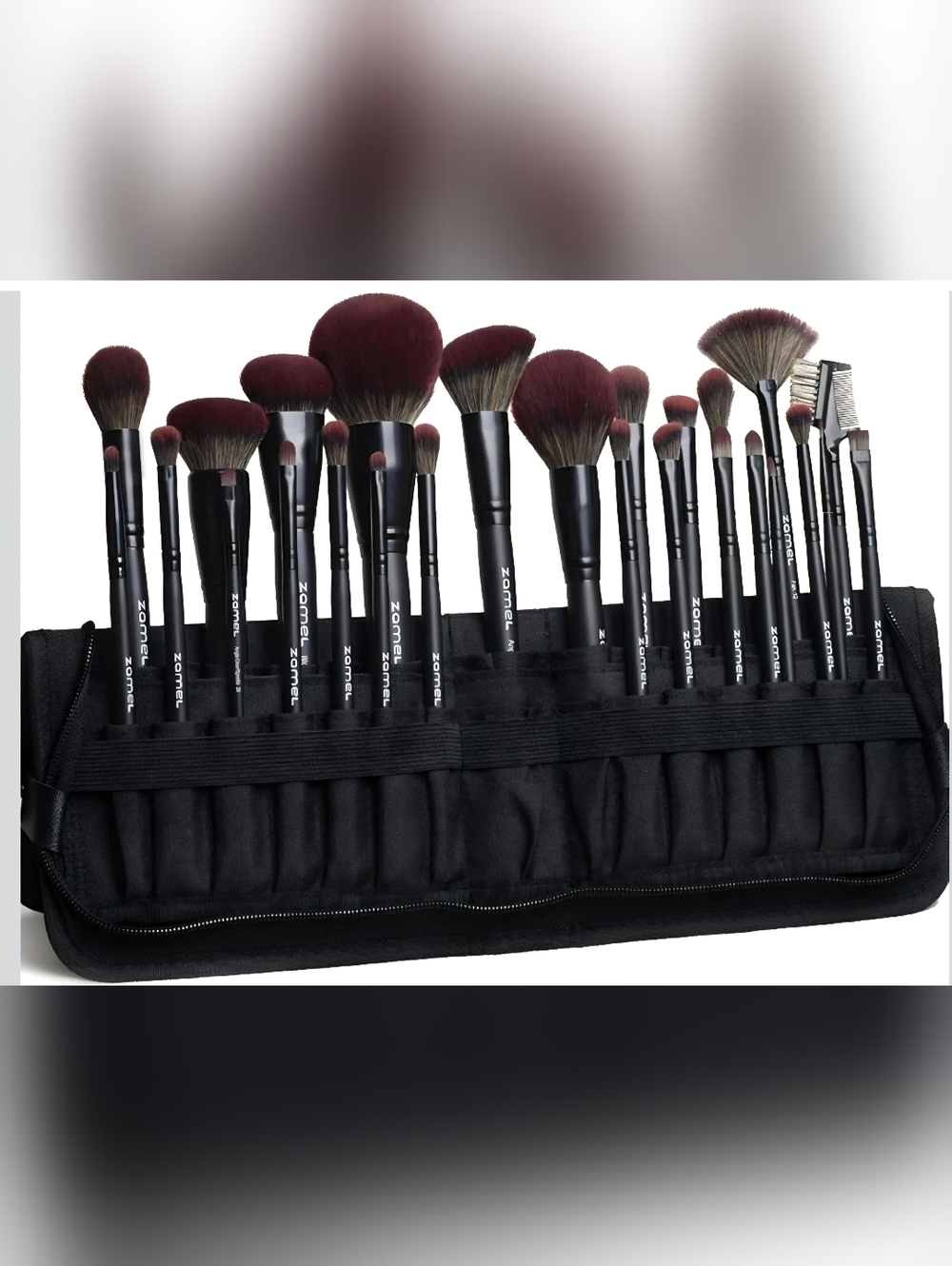 Zomei 26-Piece Makeup Brush Set with Black Roll Case - Burgundy Bristles